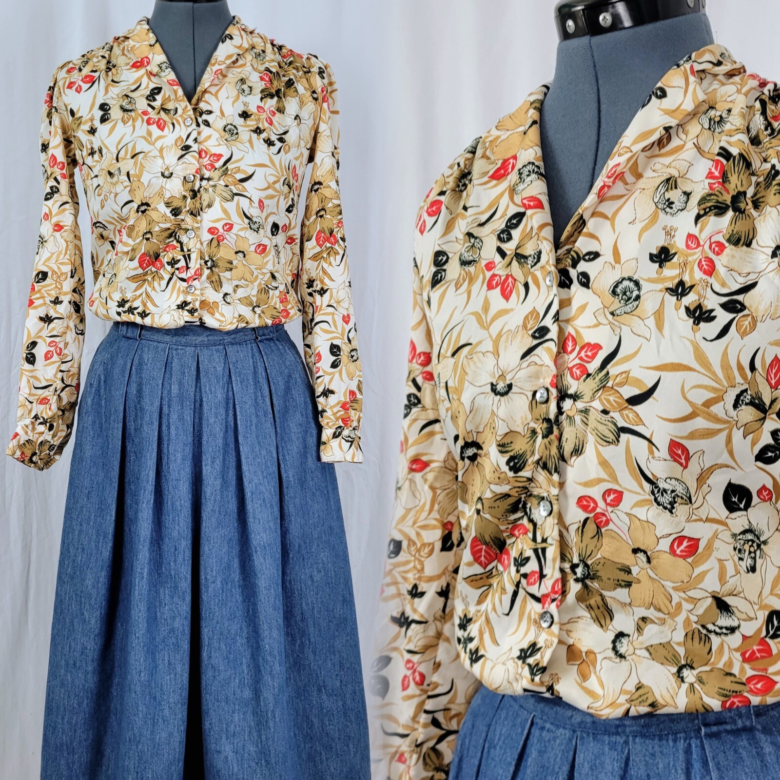 Vintage Levi Strauss Cream Blouse w Tan/Black/Red Florals Size 6