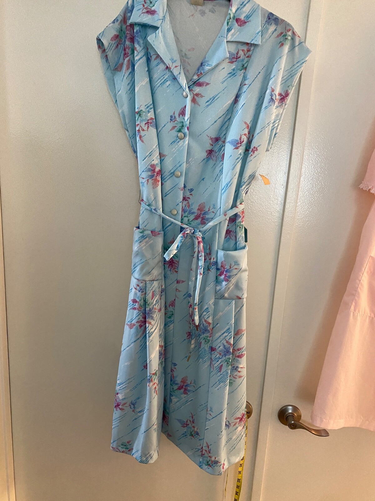 VTG 70s House Dress Women Floral Vneck Collar Button Tie Waist Blue Pink Floral