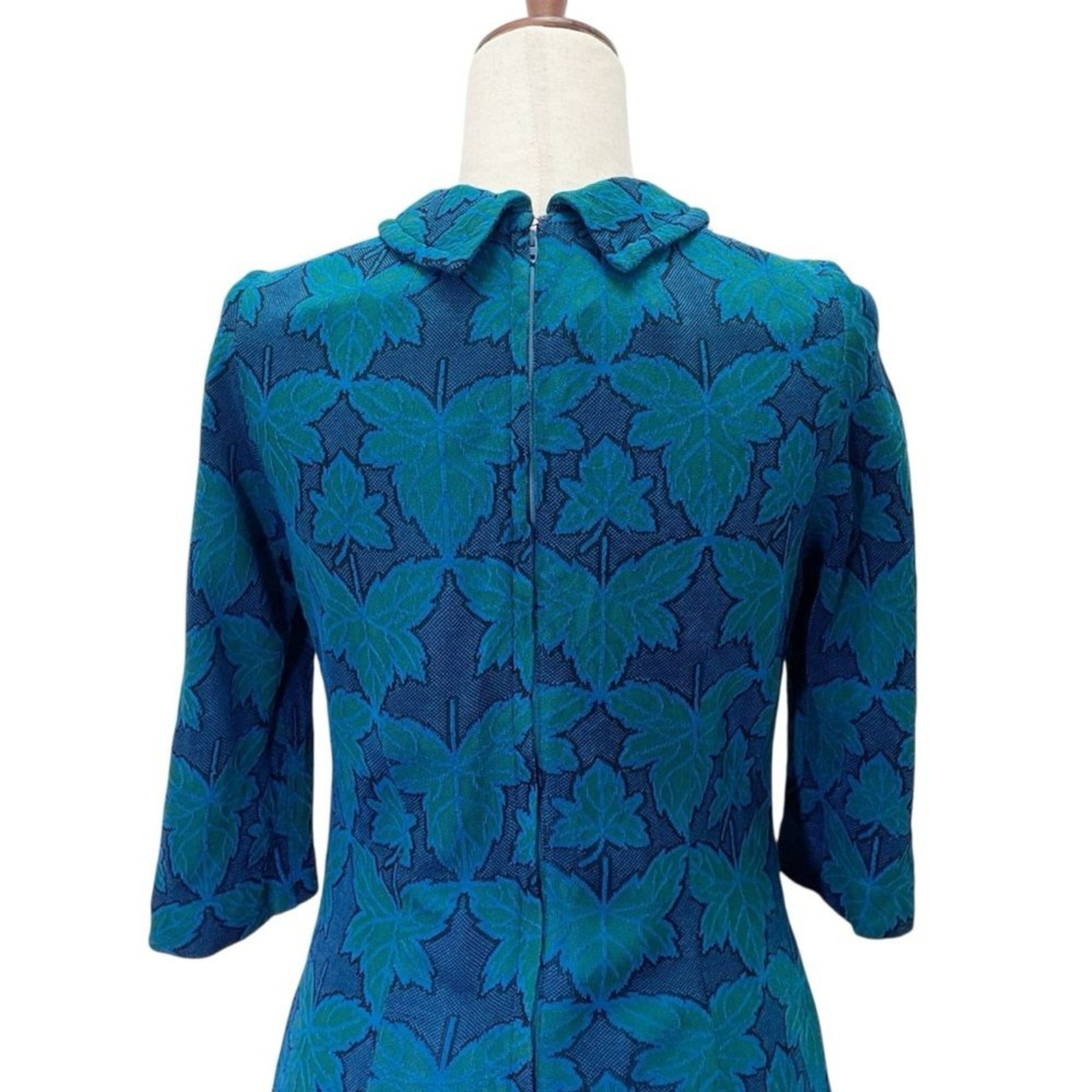 Vintage 1960s Jean Lang Original Blue Green Jacquard Leaf Print Dress Mod A-Line