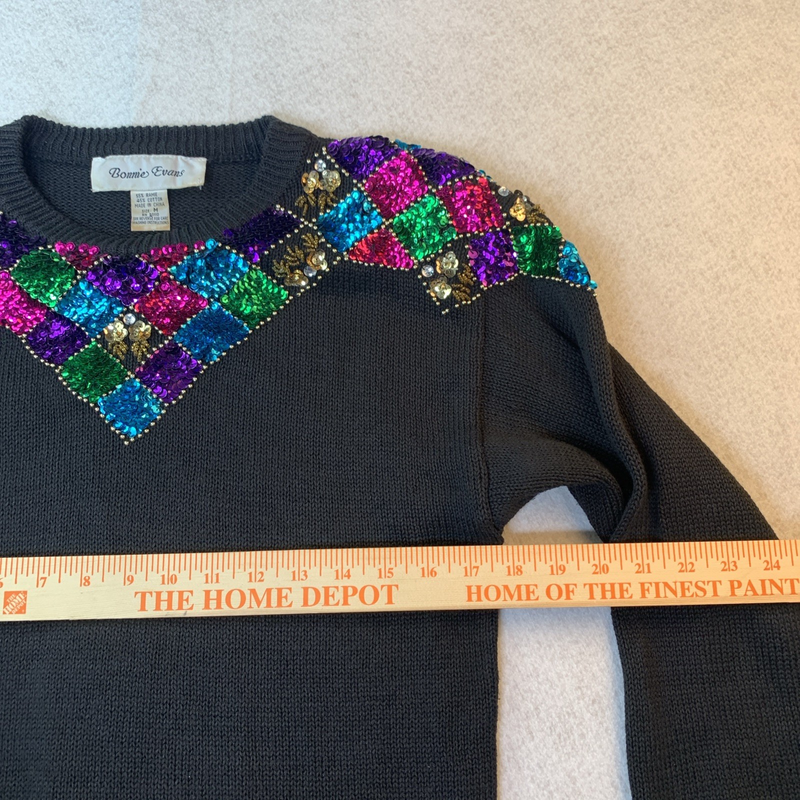 Vintage 80s Black Sweater M Sequin Beaded Neckline Cotton Ramie Knit