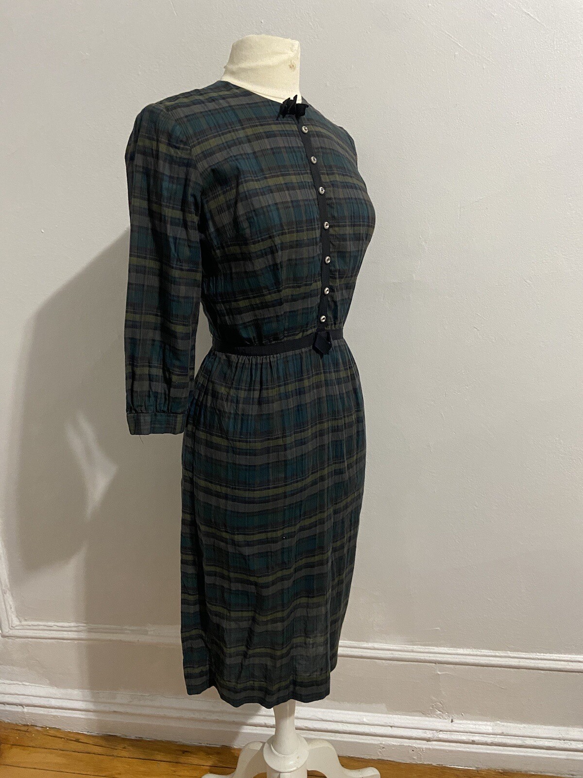 60s Helen Whiting Green Plaid Sheath Vintage Dress