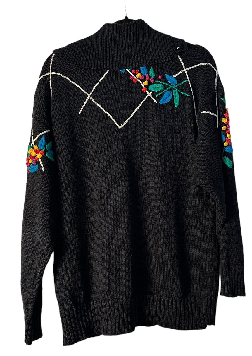 Vintage IB Diffusion Womans Black Cotton Sweater Colorful Multi Color Floral Med