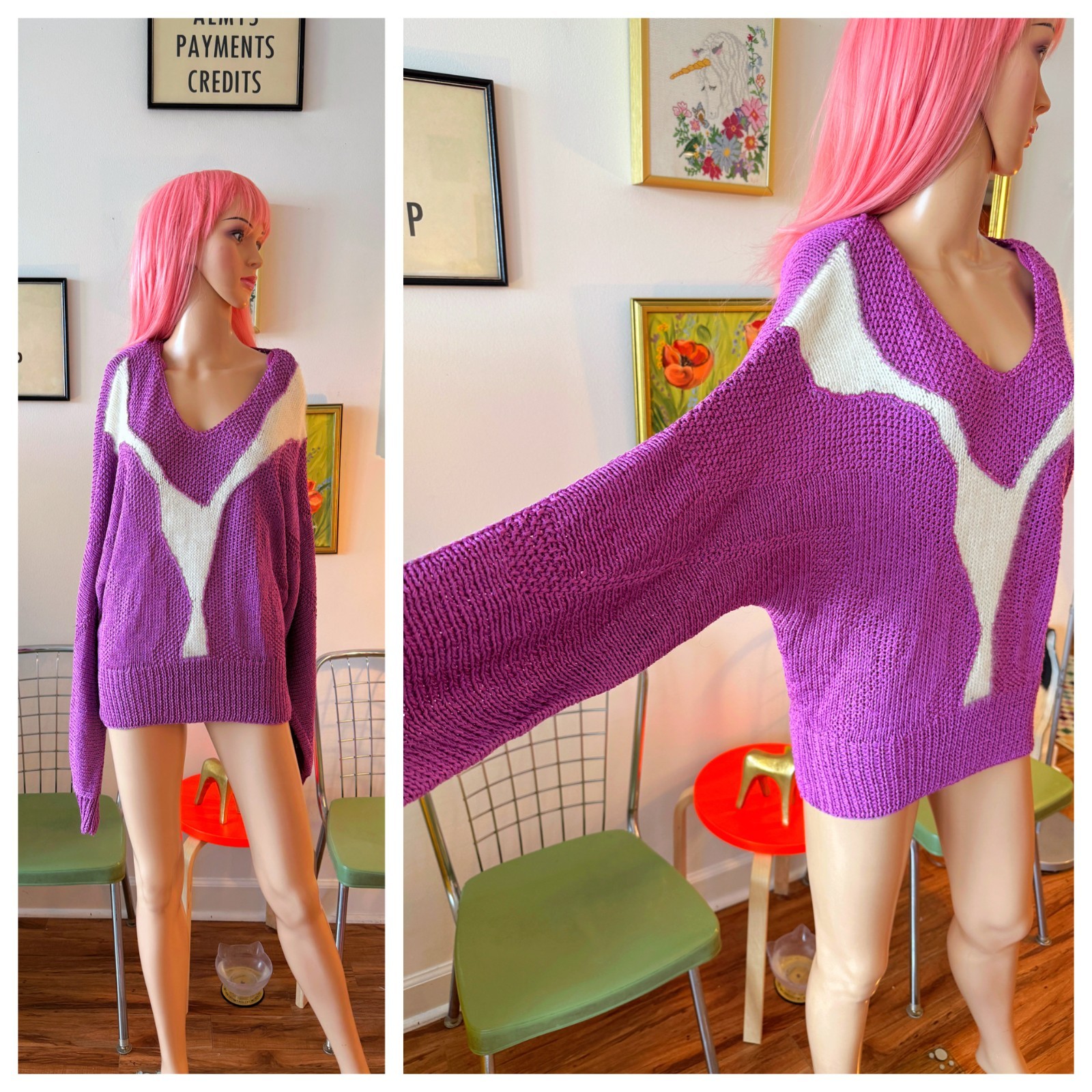 💜 Vintage 80s Angora Nylon Boxy Oversized Purple White Batwing Punk Sweater L
