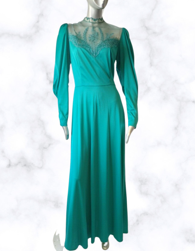 Vintage Unknown Brand Semi Sheer Long Sleeve Maxi Formal Prom Dress Green Sz Med
