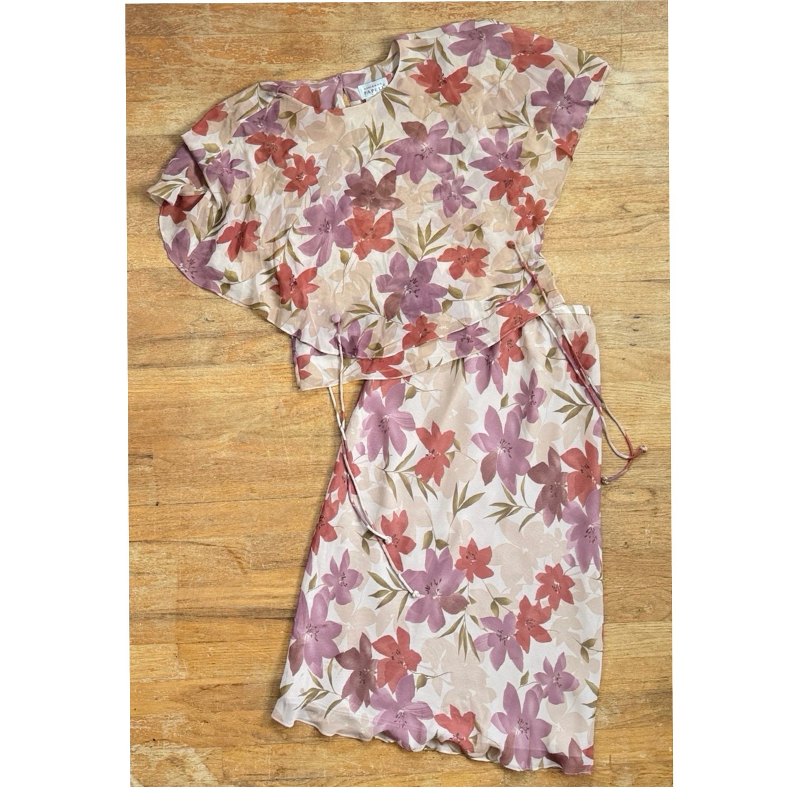 Vintage 100% Silk Floral Skirt Top Set Size XS/Small 6 Two Piece Outfit Batwing