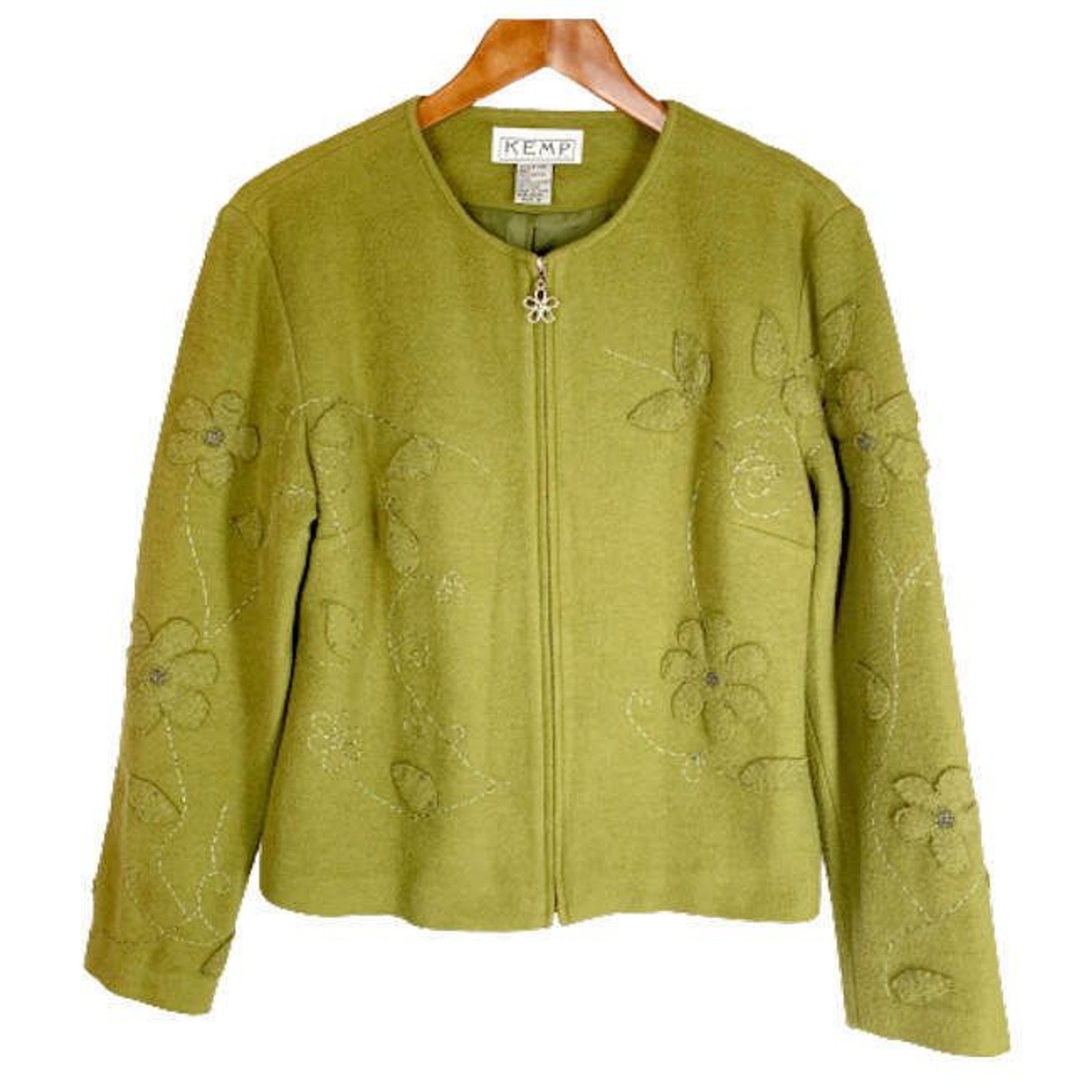 Vintage 70s Boho Jacket 6 Olive Green Cotton Applique Flowers Classy Hippie