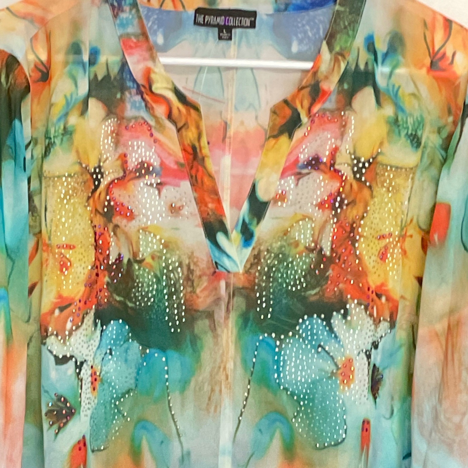VTG Y2K PYRAMID Collection sheer BoHo floral shimmer tunic blouse fairy L NWOT