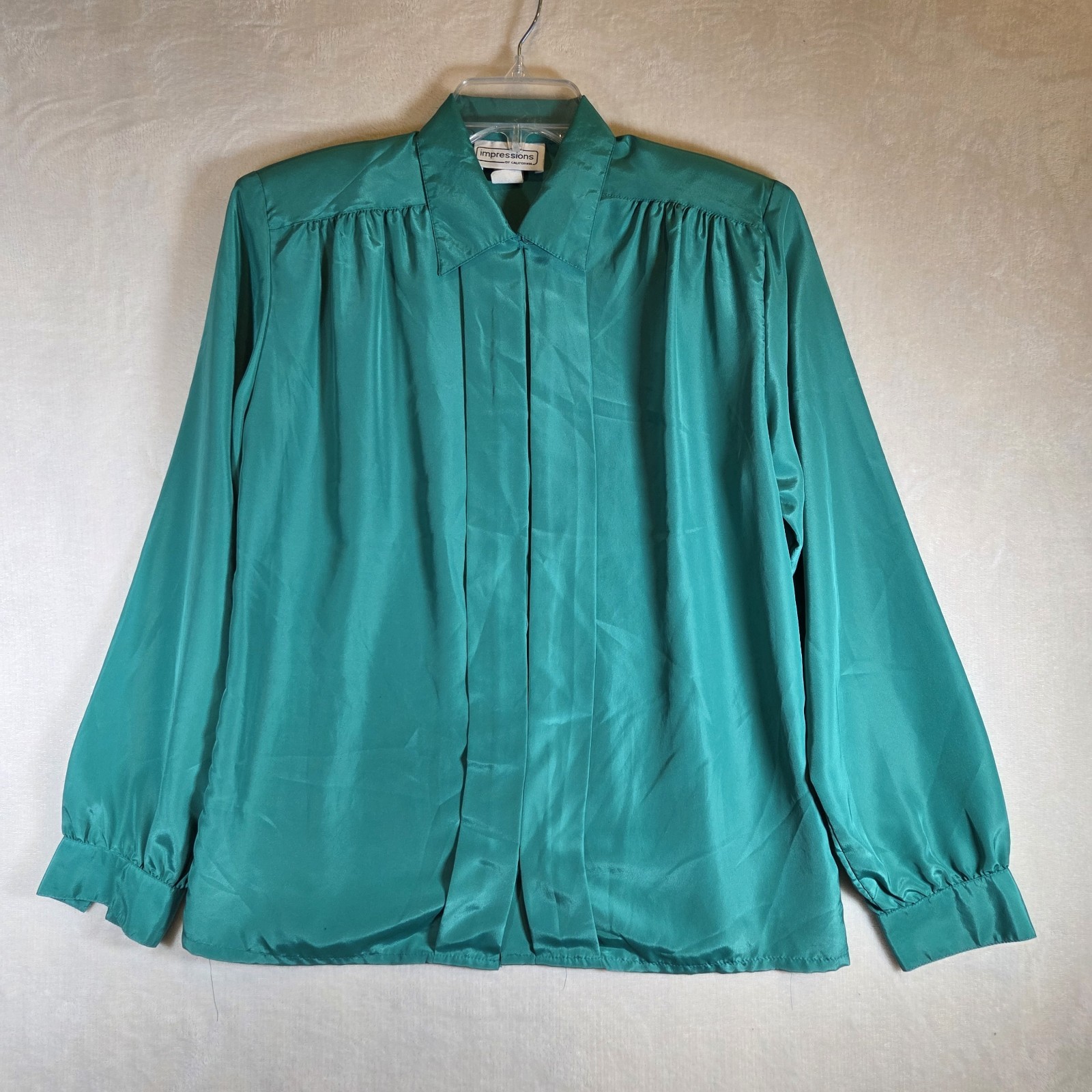 VTG Impressions of California Women Blouse Sz 12 Green Satin Long Sleeve 80 90s