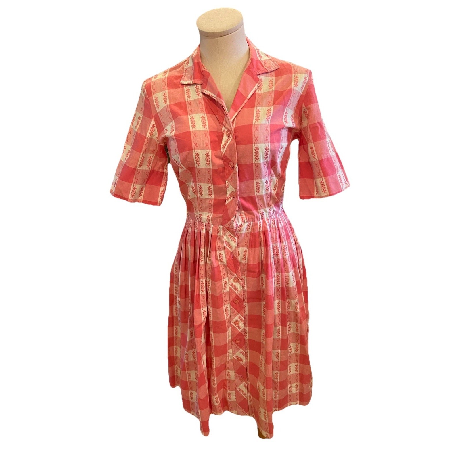 VTG STRAWSTACK PINK COTTON Gingham SHIRTWAIST DRESS 1950s
