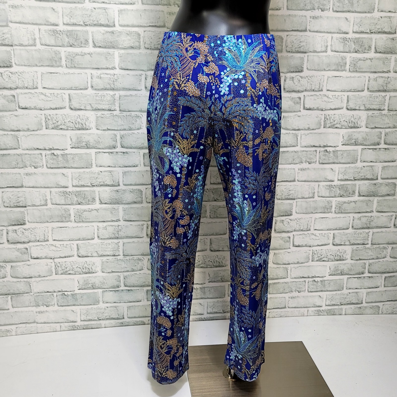 Vintage 70s Blue Tropical Print Pant Set Womens M Lounge Resort Mod 2 Piece USA
