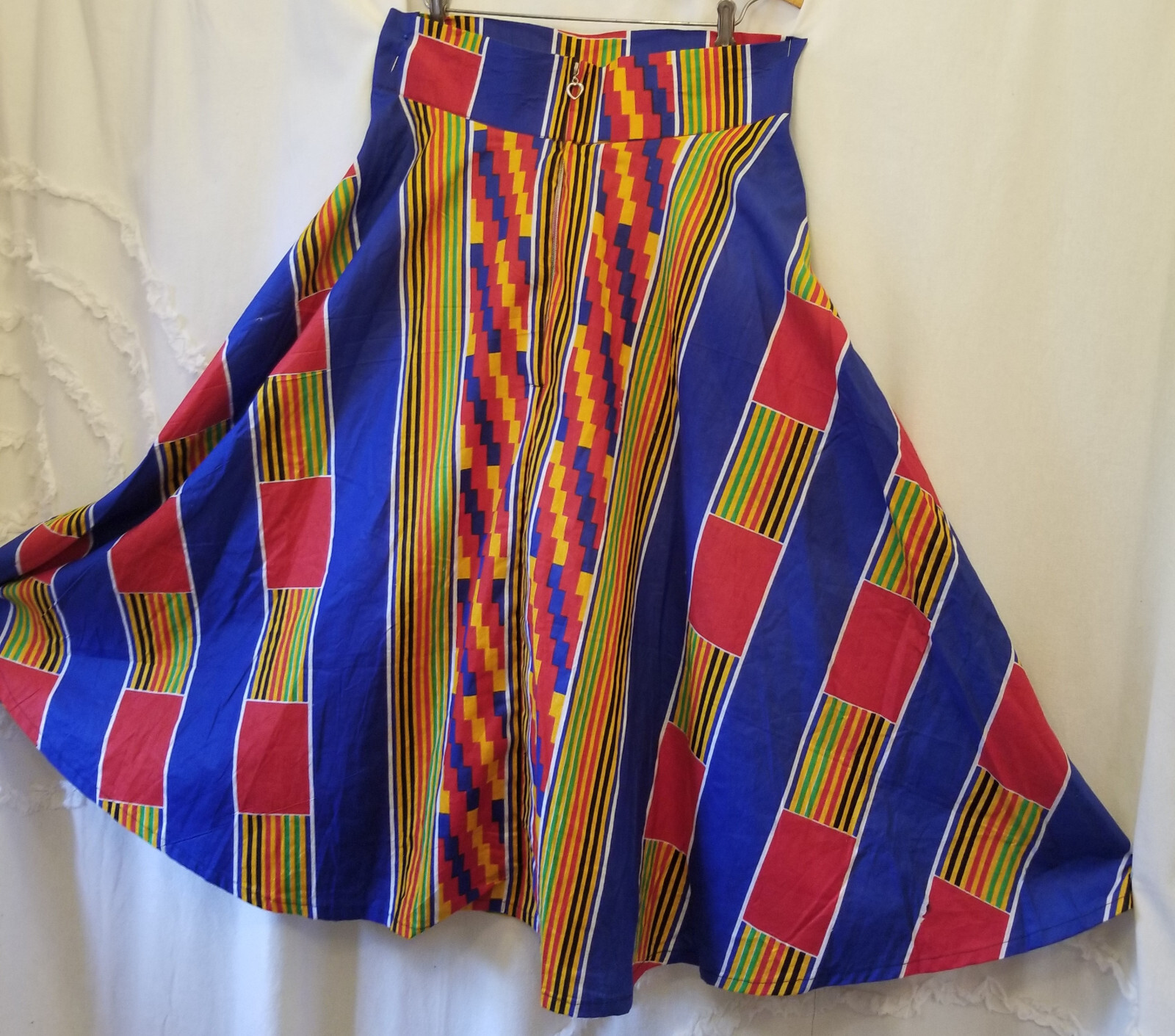 Vintage 1980s Rainbow Stripe Op Art Zip Up Swing Full Sweep Skirt M/34