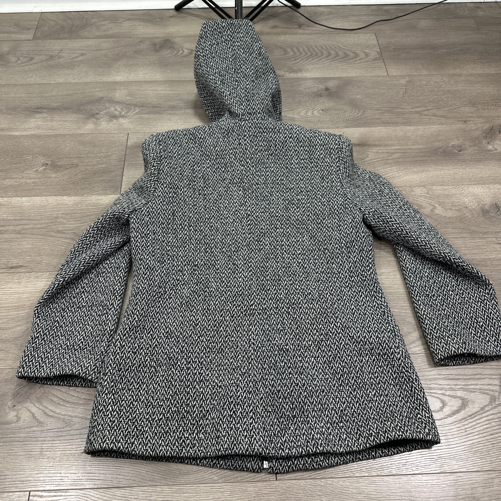 Vintage Paul Levy Wool Hooded Jacket Coat Full Zip Grey Black Herringbone Small