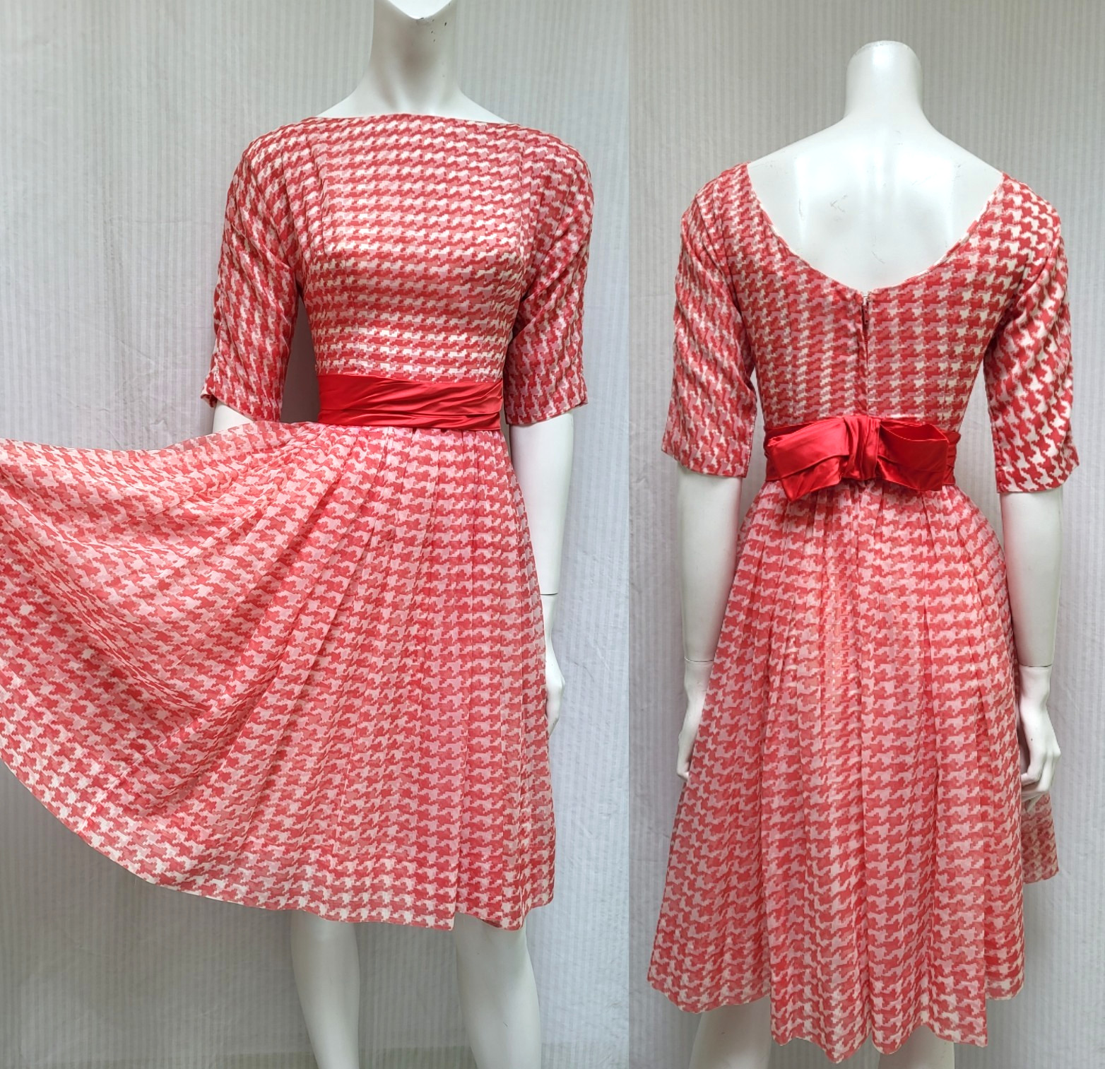 Vintage 1950s Red White Houndstooth Check Chiffon Fit N Flare Dress – Size XS