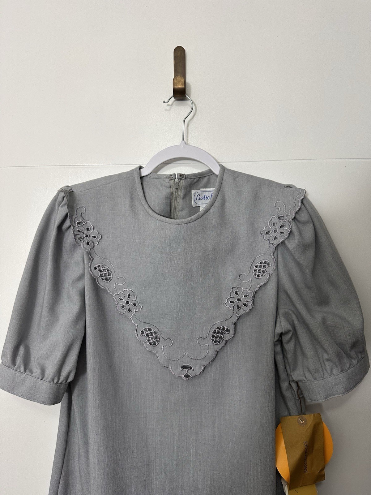 Leslie Fay Vintage 80s Grey Eyelet Short Sleeve Secretary Style Dress Size 14