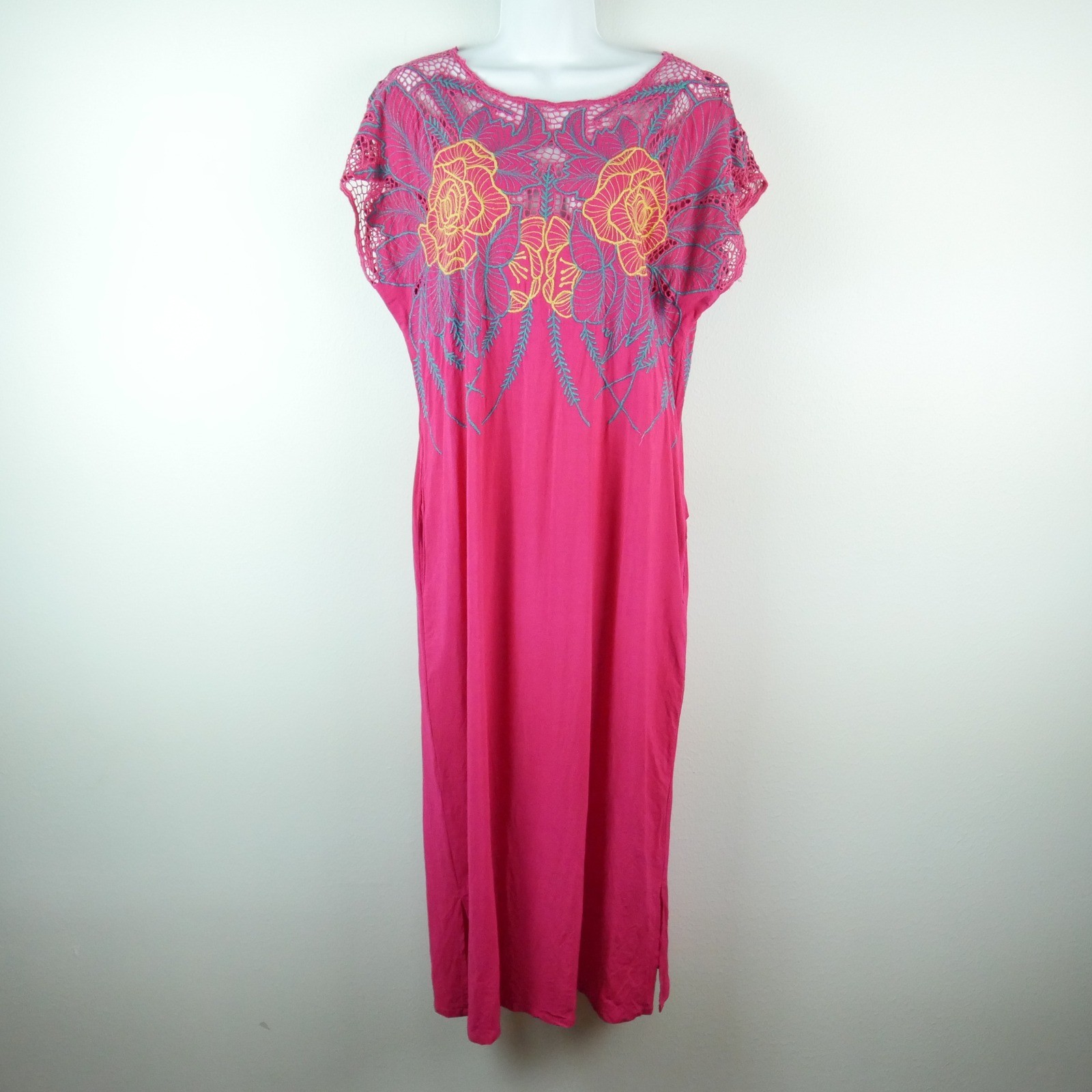Vintage 80s Pink Floral Embroidered Crochet Maxi Dress Fairy Resort Beach S M