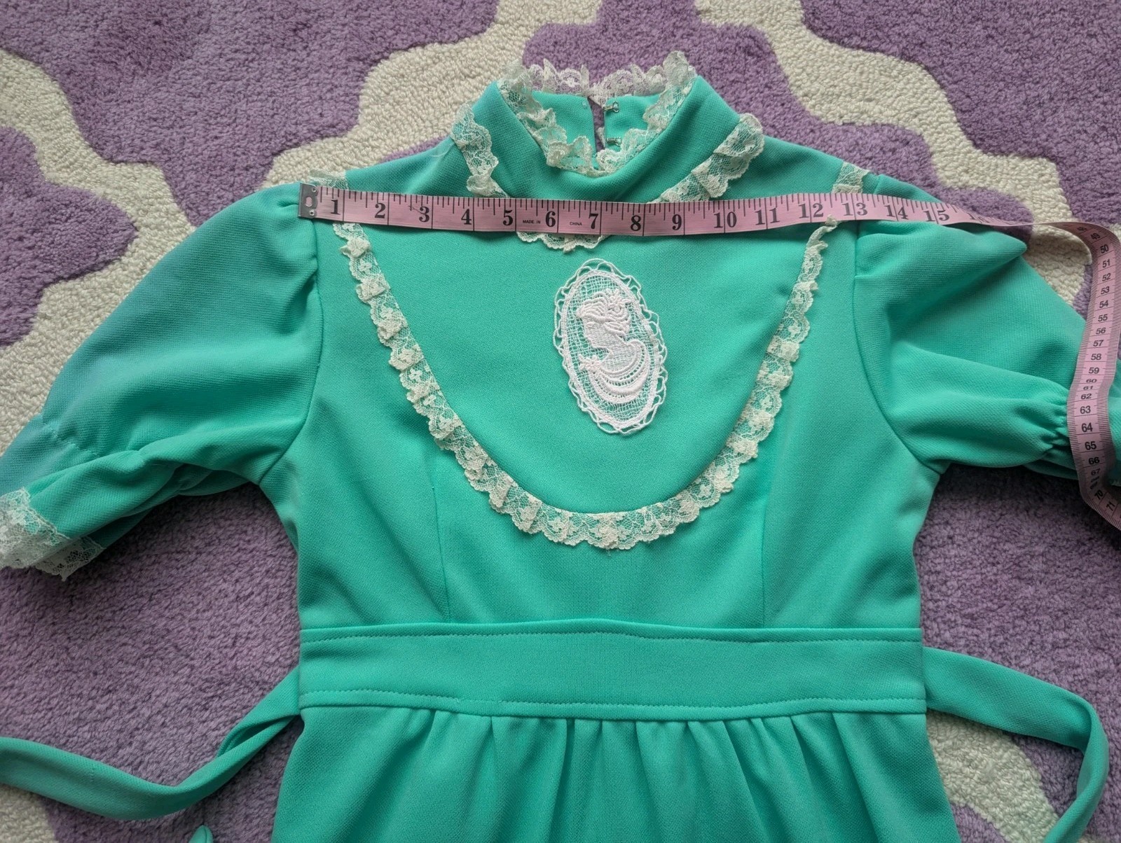 Vintage 70’s Victorian Cameo Mint Green Polyester Puff Sleeve Mini Dress Size XS