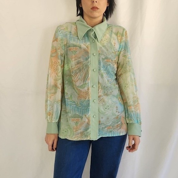 70s Green and Peach Carnival Theme Novelty Print Dagger Collar Shirt