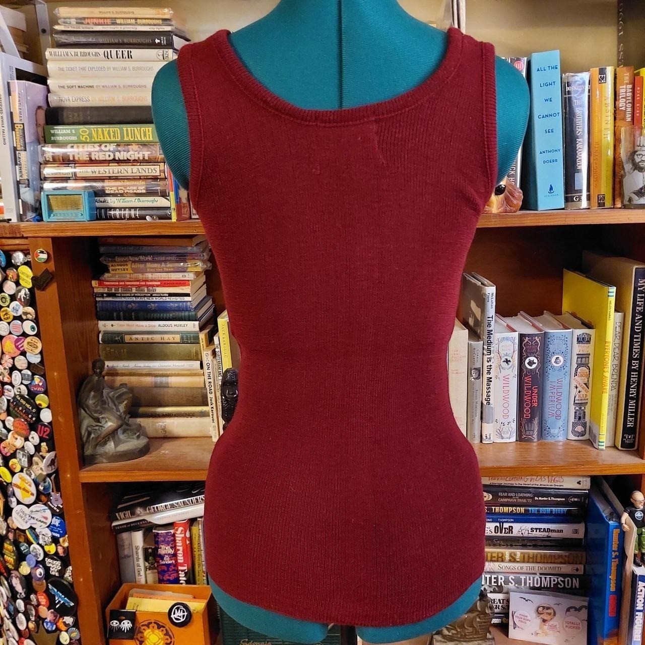 Vintage deep red sweater tank, has some stretch becomes sheer when stretched out