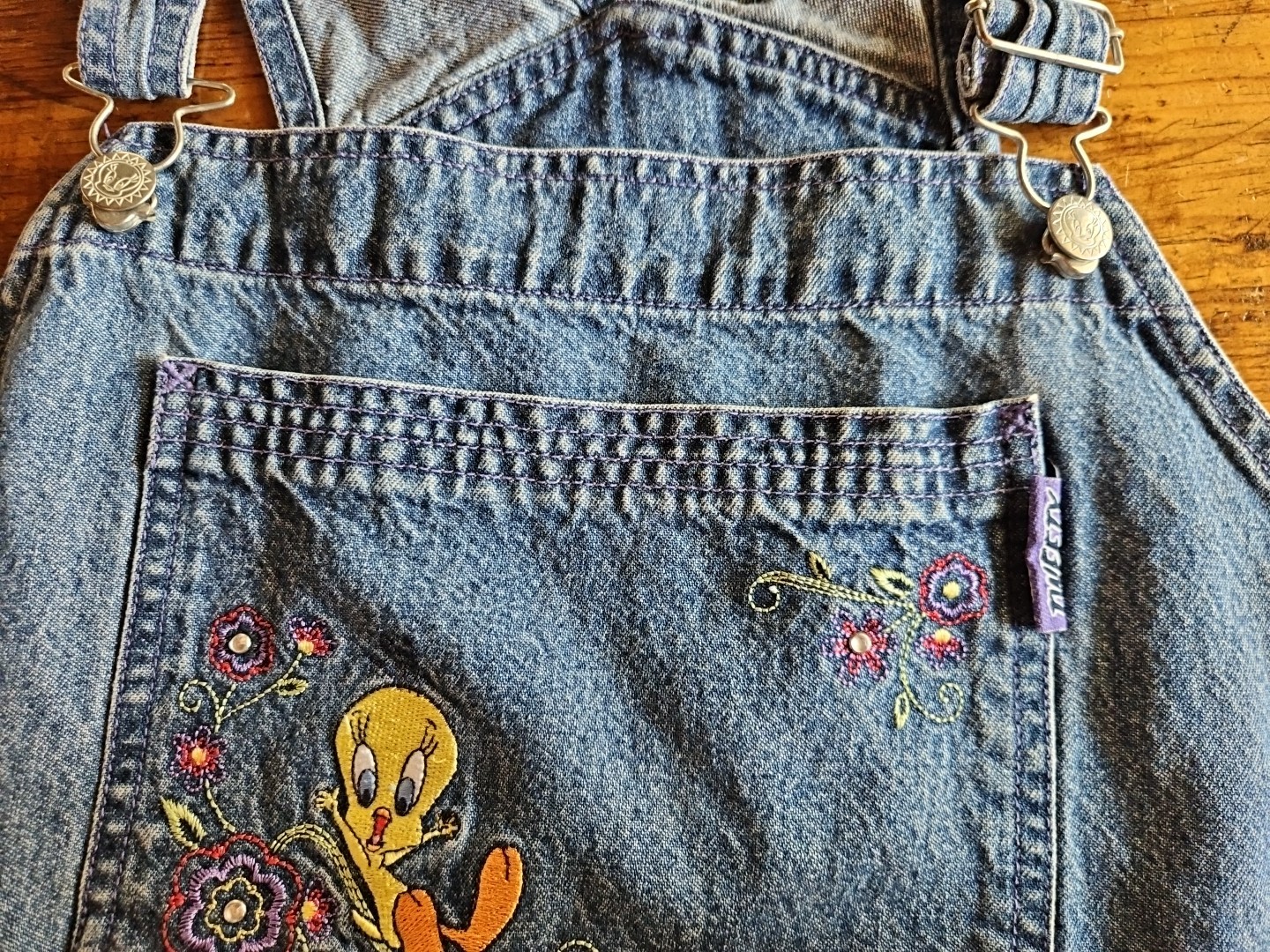 Vntg Looney Tunes Denim Overalls 24/26W Tweety Womens Shorts Romper Summer 3x