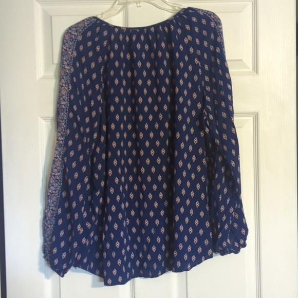 Faded Glory Blue Boho Peasant Blouse XXL 20 Geometric Floral Tassel Rayon 622