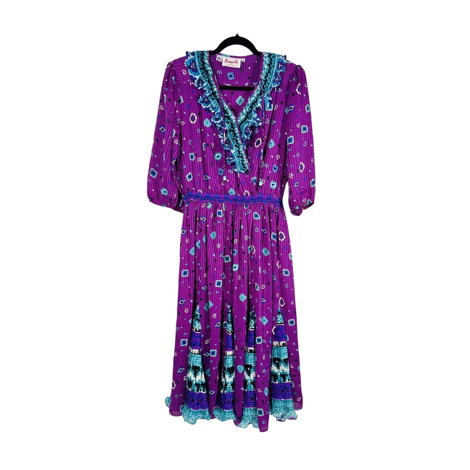 Vintage Assorti Susan Freis Size S Maxi Dress Purple Green Ruffle Smocked V Neck
