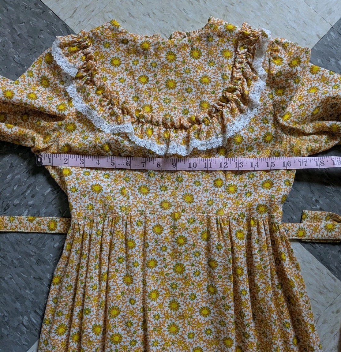 Vtg 1970 Psychedelic Floral Prairie Hostess Dress Yellow Orange Daisy Print Maxi