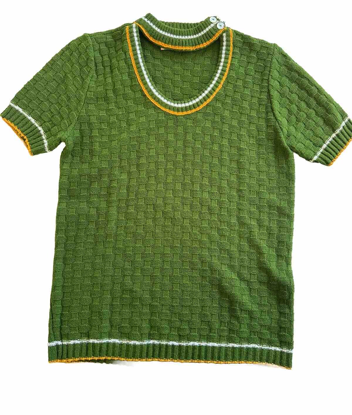Vintage Banded Neck Acrylic Sweater Junior L 1960s 70s Scoop Green Basketweave