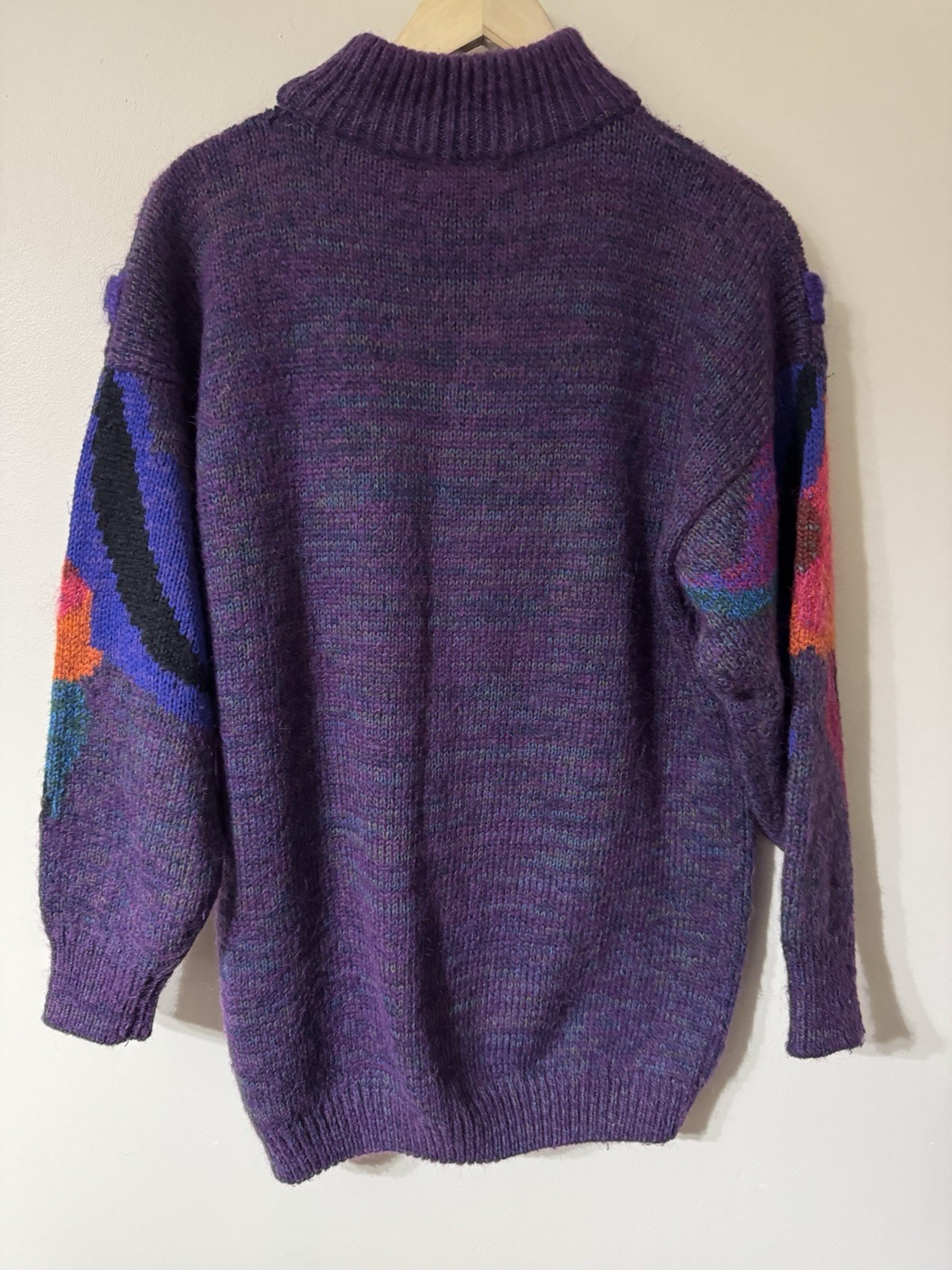Vintage 80s MARIEA KIM Purple Flower Power Wool Blend Mock Turtle Neck Sweater M