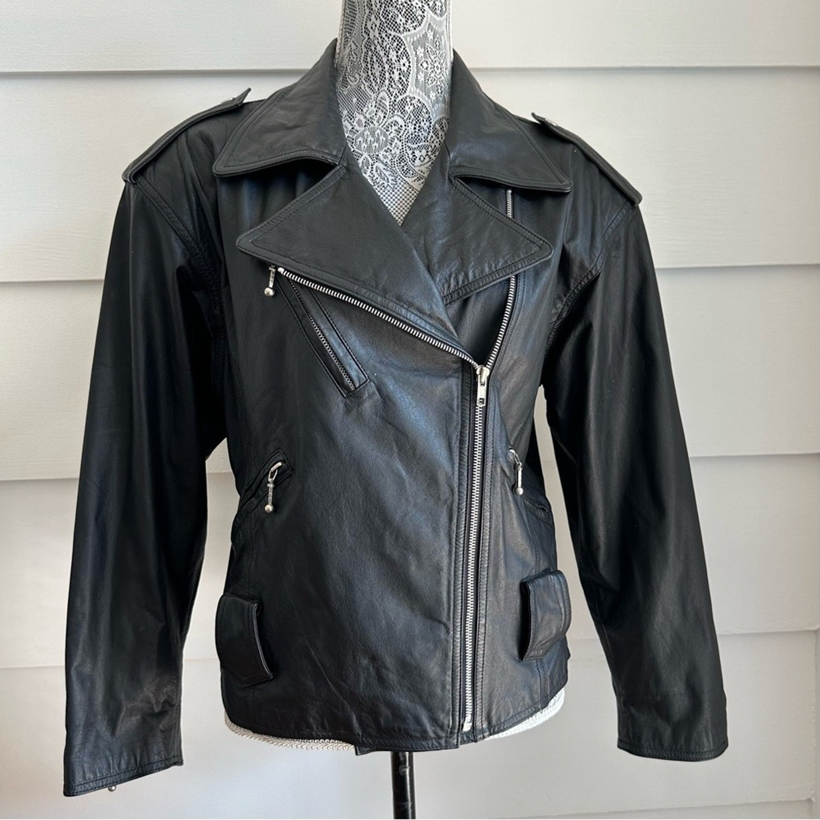 Vintage Black Leather Moto Biker Jacket Winlit size M
