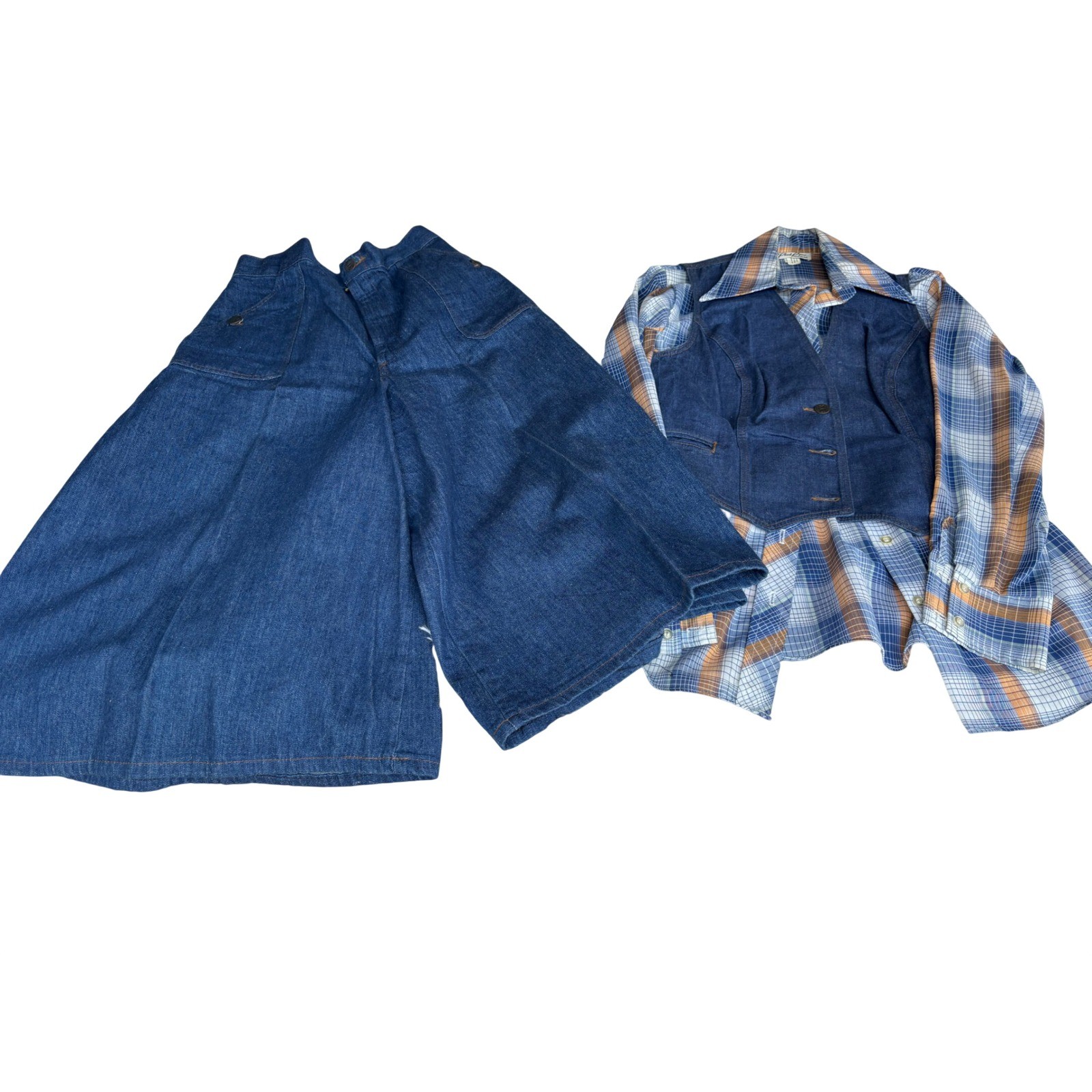 Vintage 70s Miss H.I.S. Denim Culottes Pied Piper 3 Piece Outfit Womens S