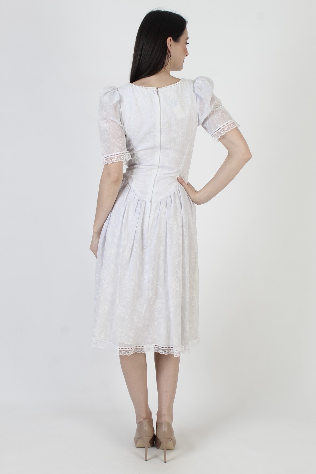 Vtg Jessica McClintock Victorian Dress Lace Full Skirt Edwardian Midi Tea Gown