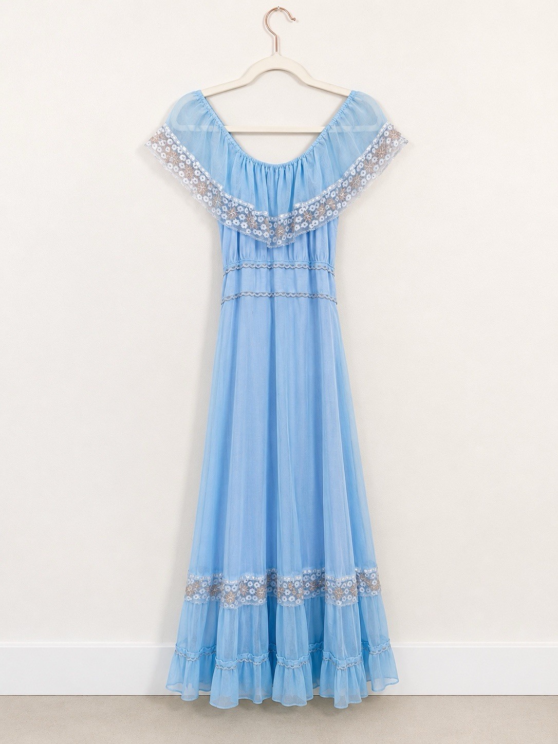 Vintage 70s Prairie Cottagecore Blue Lace Maxi Dress Off Shoulder Small