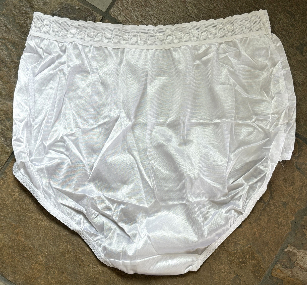 KMart PINK K 10/3XL PURE White SATIN Lace Waist Nylon Brief Panties NWOT VTG