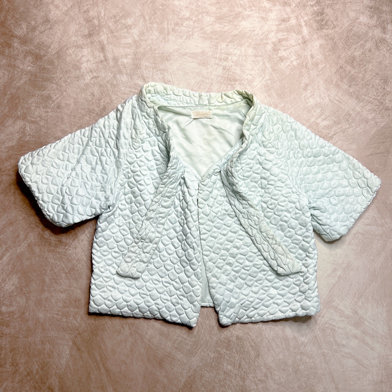 Vintage 50s Barbizon Honey Puff Softie Quilt Bed Jacket Baby Blue Diamond Tie