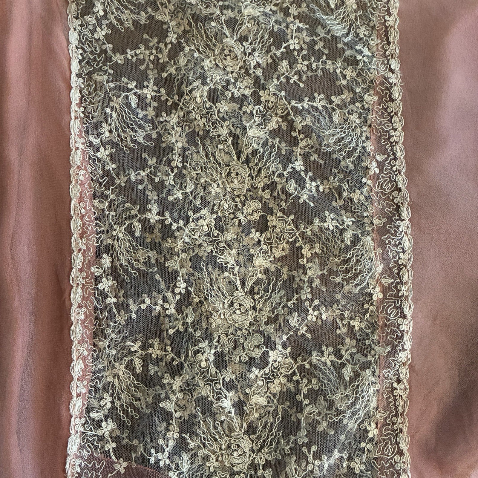 Antique 1920S Pink Silk Chiffon Kafton Brussels Tambour Cabbage Roses Lace