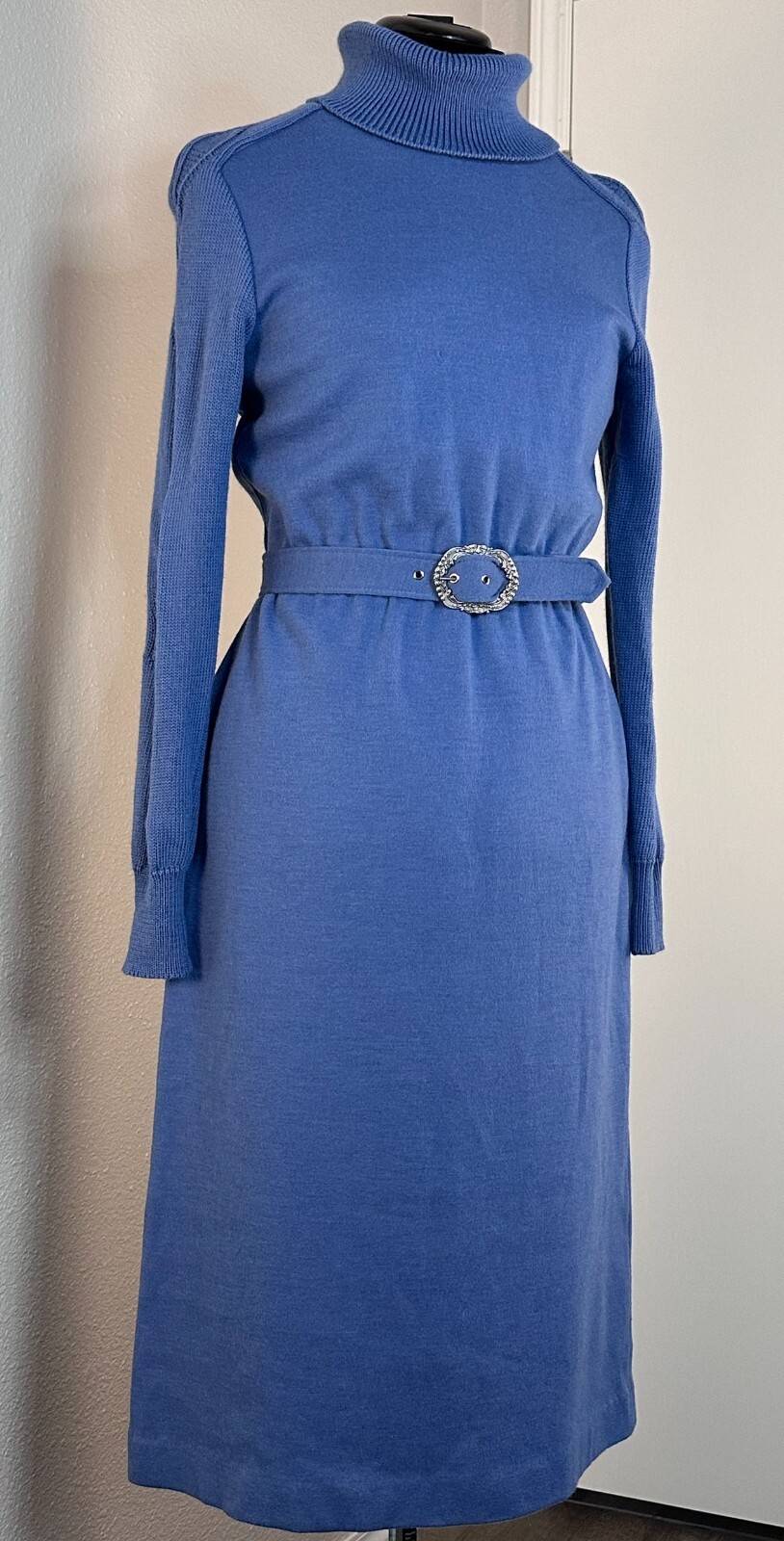 Vintage Dusty Blue 100% Wool Turtleneck Dress with Knit Sleeves – Women’s Size 6