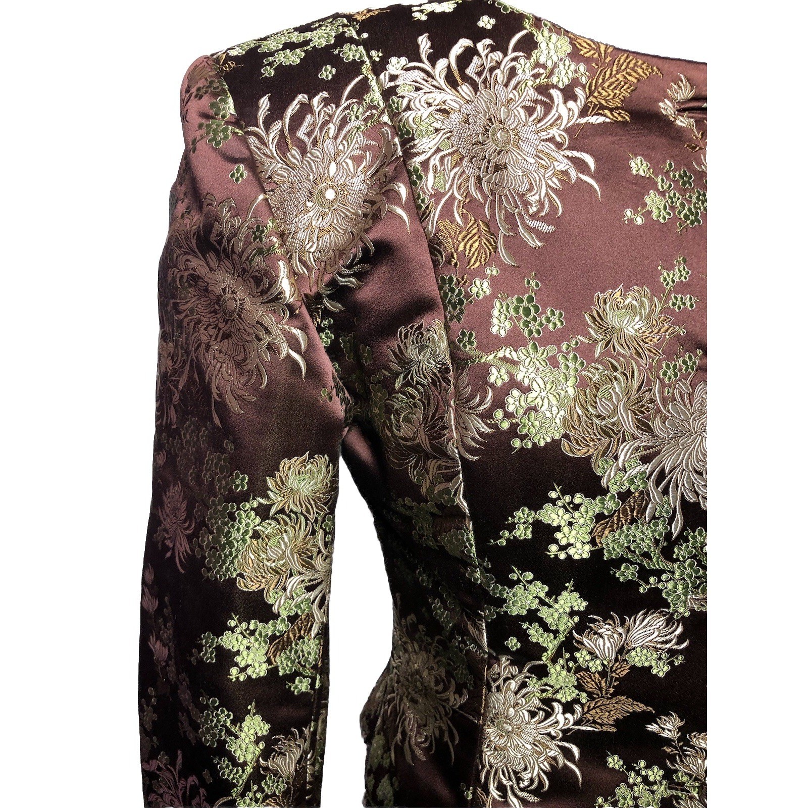 Vtg 70s 80s Brown Brocade Skirt Suit Metallic Floral XS S 2–4 Jacket Skirt Set