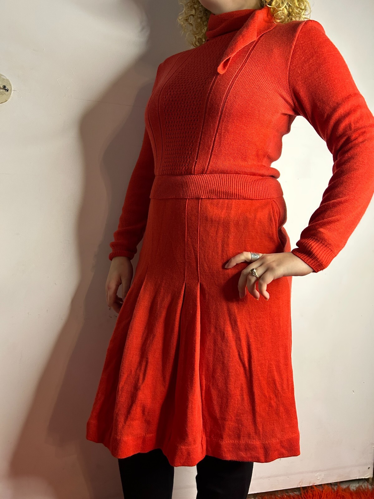 Vintage Australian 1970s LUGANO Pure Wool Red Crepe Knit Midi Dress AU 12