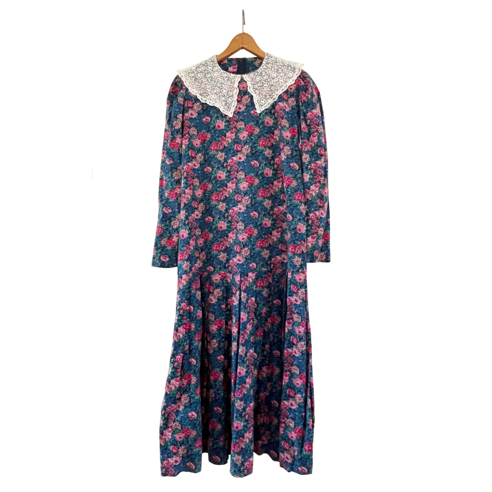 LAURA ASHLEY Midi Dress Vintage Floral Drop Waist Lace Collar Sz 14 UK/12 US