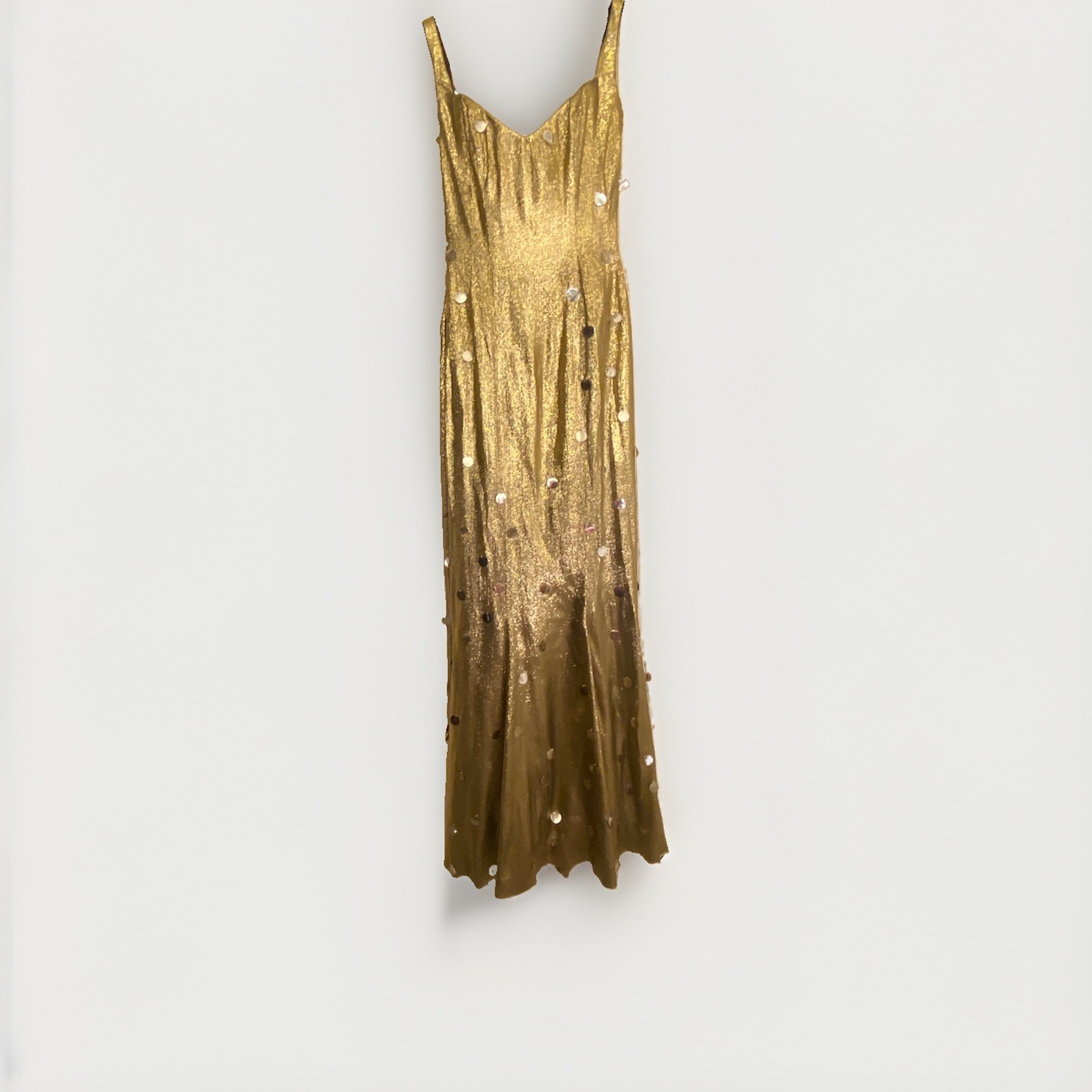 long evening dress gold + sequins in the style of the 30s large back neckline size 34