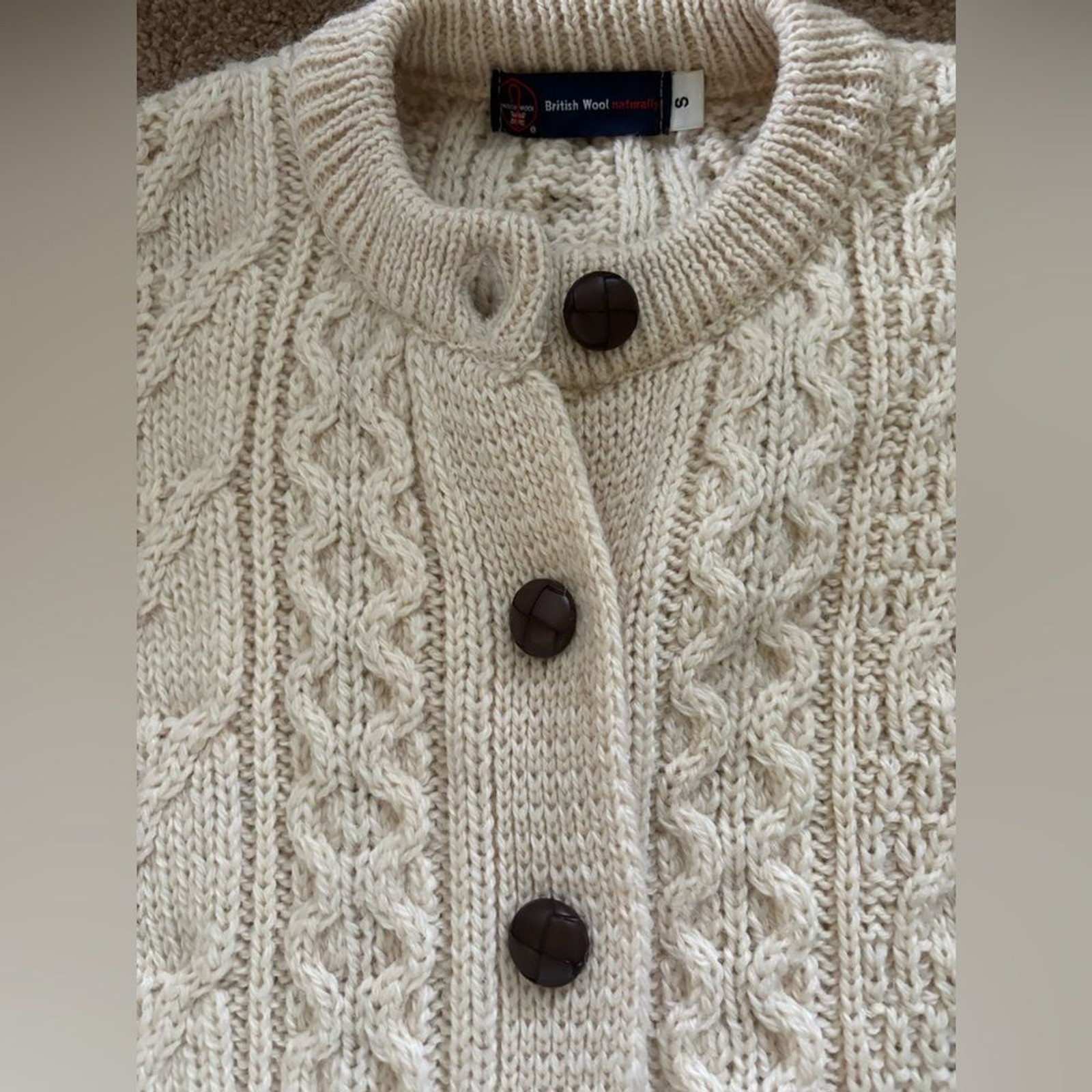 VTG British Wool Chunky Oversize Wool Cable Knit Cardigan Sweater Sz S Ivory