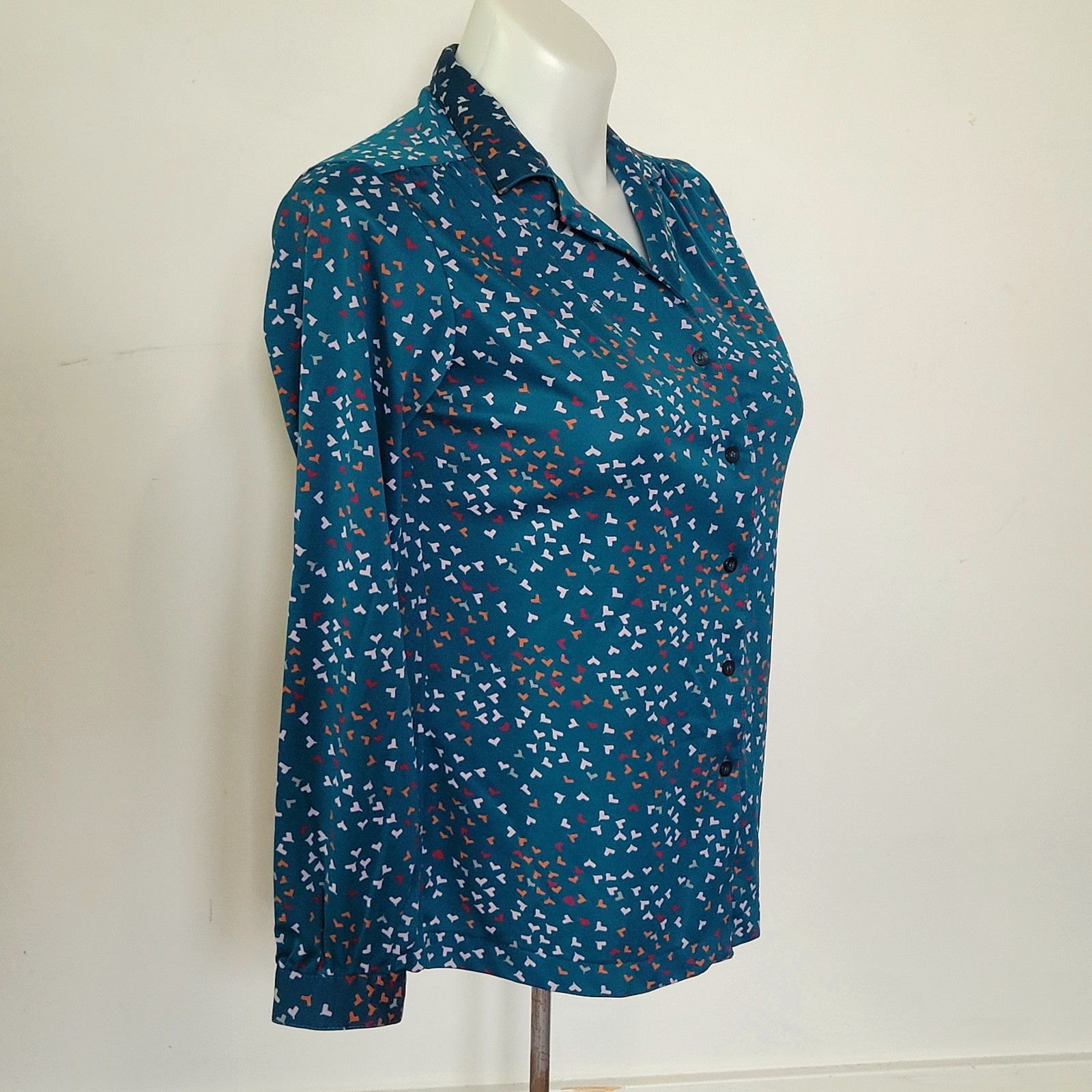 Vintage 70s Sears Blouse The Fashion Place Teal Geometric Button Front Size:Read