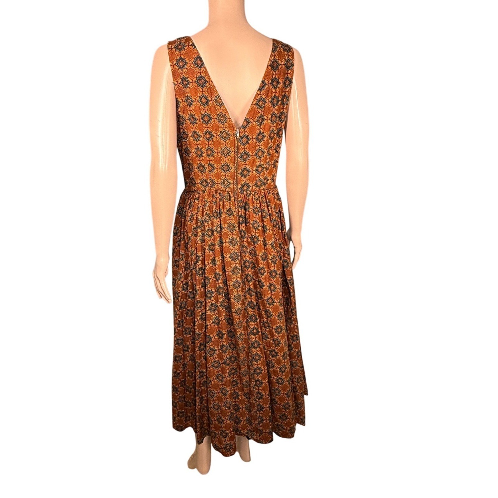 Vintage Saks Fifth Avenue The Kollection Batik Print Midi Dress Brown Yellow 12