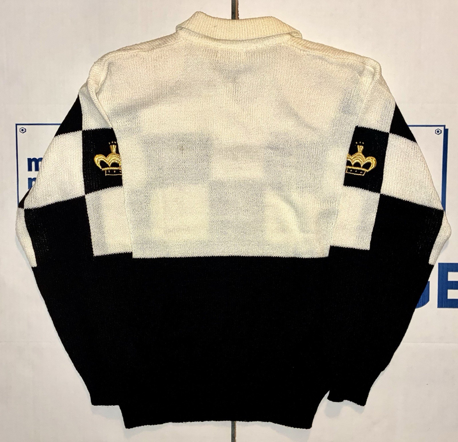 ANN WI VINTAGE 1980S CHESS THEMED BLACK WHITE & GOLD EMBROIDERED WOMENS SWEATER