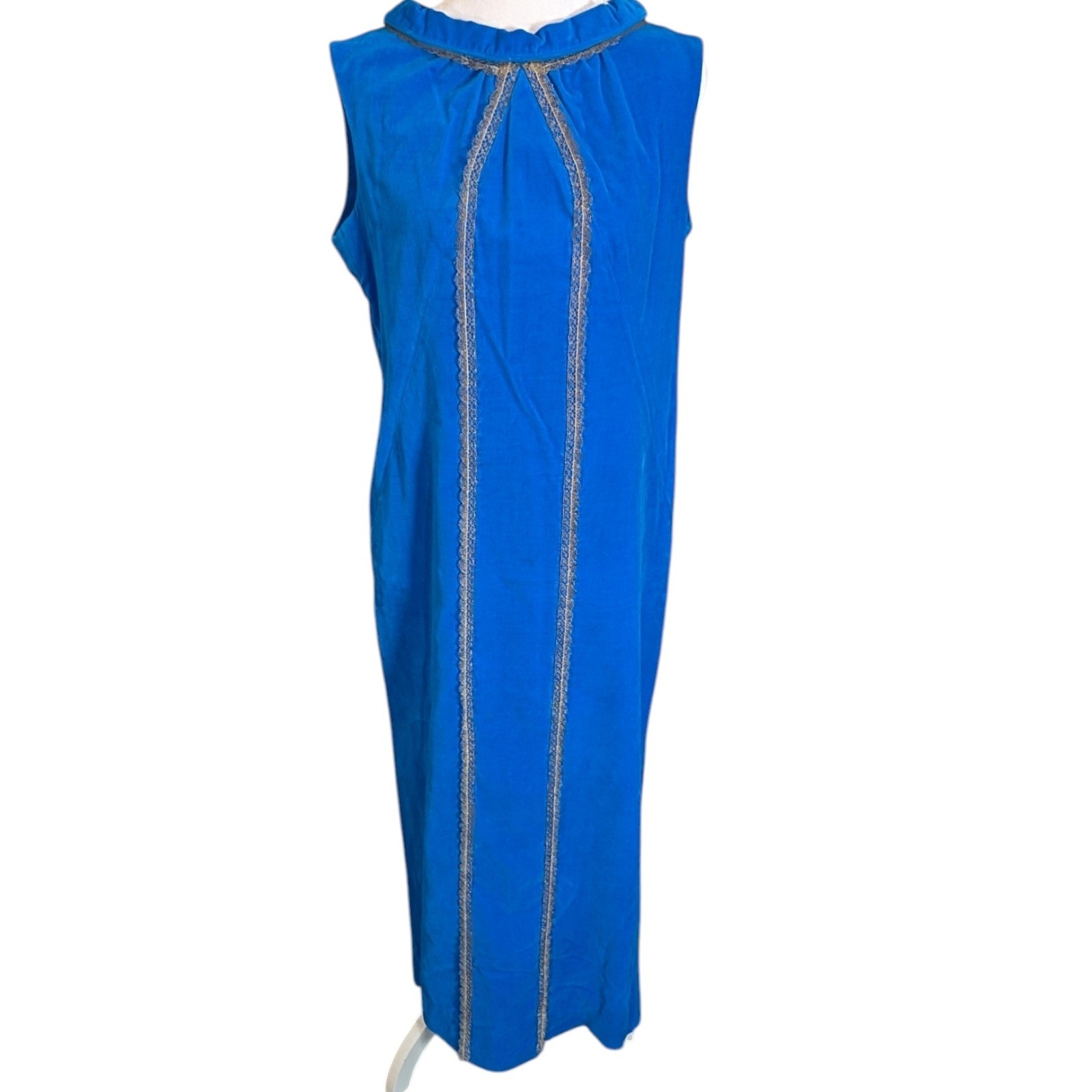 Vintage Dynasty Hong Kong Blue Velvet Maxi Dress Silver Lace Trim 52in Size L