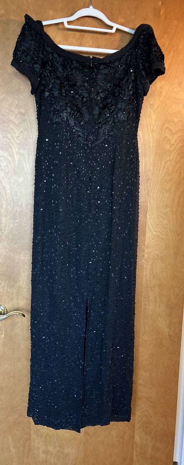 56 VTG Ted Lapidus Paris Off Shoulder Silk Beaded Dress Gown Black Soutache 16