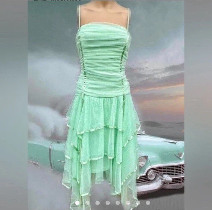 Vintage 90s Mint Green Tinkerbell Ruffle Mesh Midi Formal Fairycore Dress