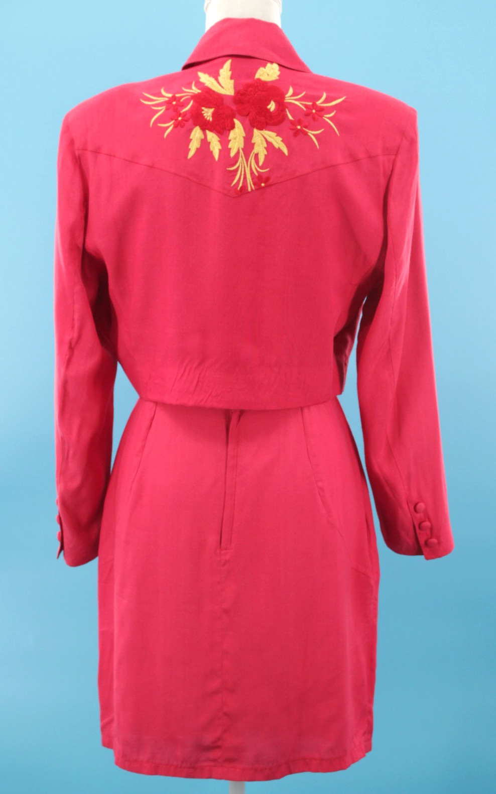 VTG Womens 90s 2 Pc Coral Red Embroidered Rayon Top & Skirt Dress Set XS/S 1990s