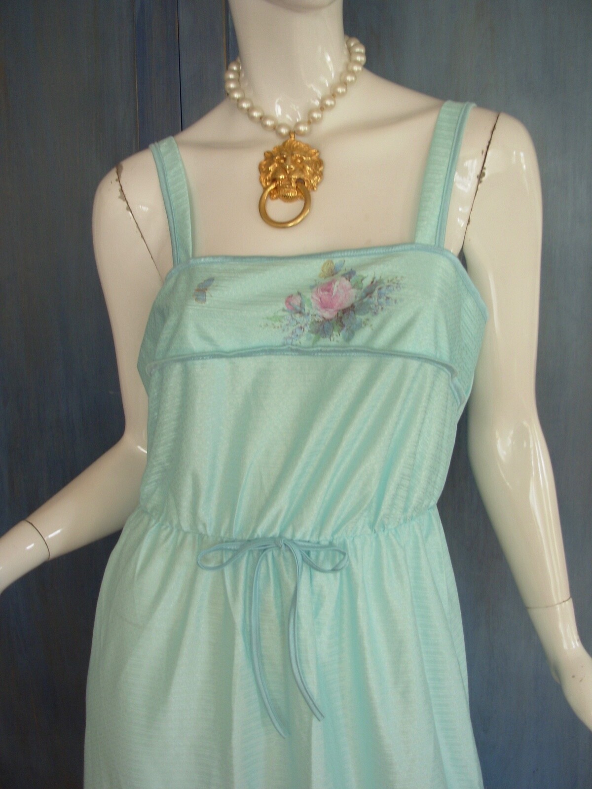 Nightie Nightgown L Vtg 70s 80s KEYNOTE UK Blue FLORAL BUTTERFLY HONEYMOON MAXI