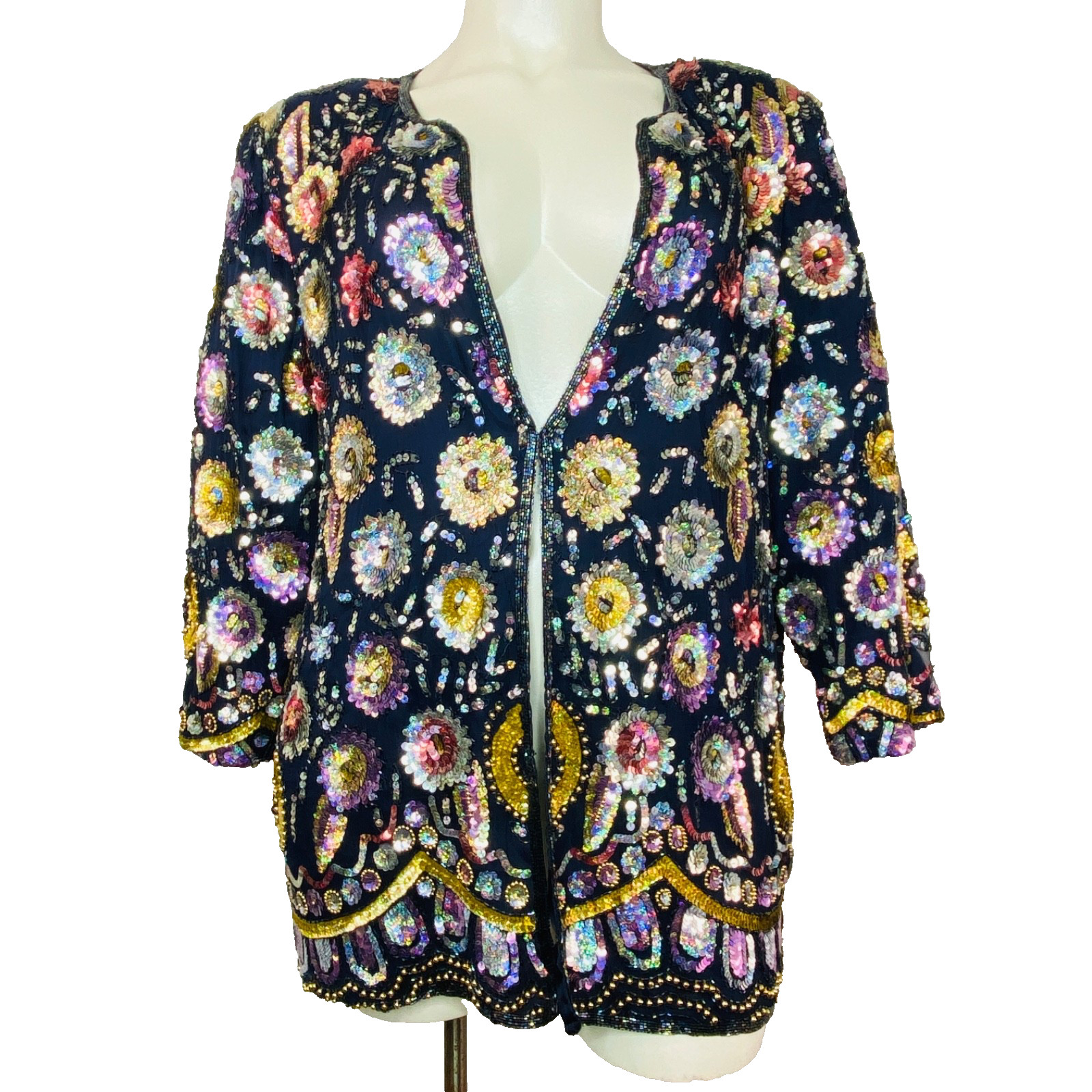 Vintage 1980s silk floral beaded tunic 3X jacket dress top sequin plus size XL